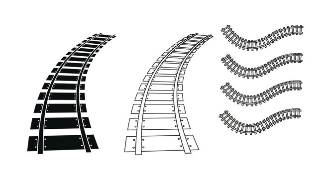 Black and white illustration of curved toy train tracks and straight segments