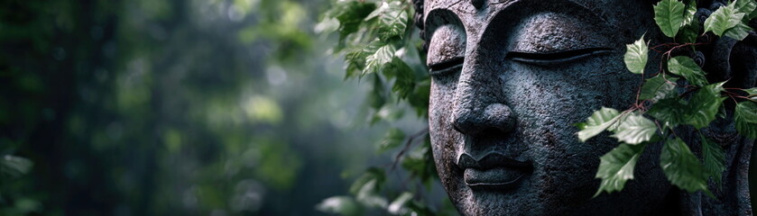Fototapeta premium Serene ancient Buddha statue surrounded by lush green leaves in peaceful forest setting calm zen atmosphere spiritual mindfulness natural harmony