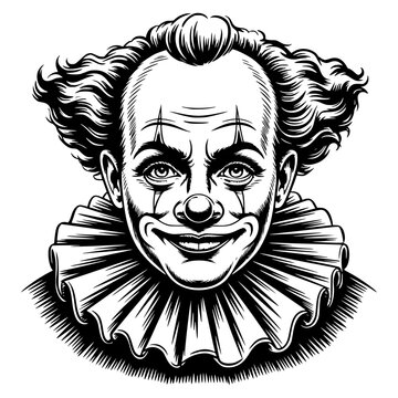 A whimsical black and white illustration of a cheerful clown with exaggerated features and a playful expression.