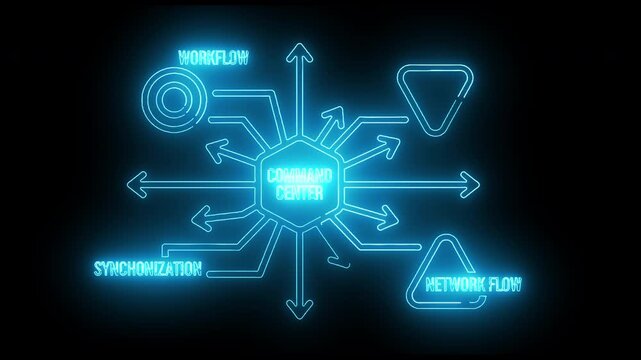 Glowing blue neon network flow diagram on a black background with arrows and shapes.