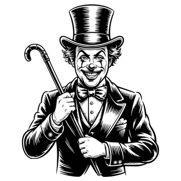 A whimsical black and white illustration of a cheerful clown with exaggerated features and a playful expression.