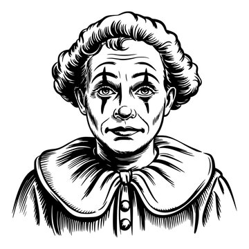 A whimsical black and white illustration of a cheerful clown with exaggerated features and a playful expression.