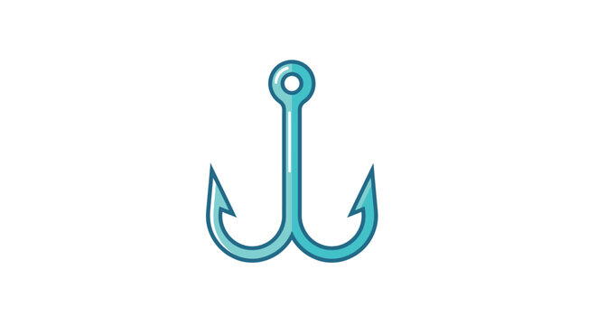 A teal colored cartoon style illustration of a trident or fishing hook