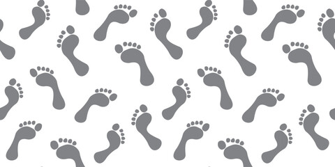 Seamless human footprints pattern with scattered steps in minimal gray style. Repeating foot track background for walking themes travel design textile prints and modern vector surface pattern. © Parul