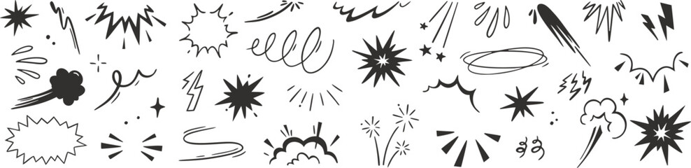 Comic explosion and motion effects set with hand drawn lines bursts and lightning shapes. Dynamic doodle elements for pop art posters comics branding and energetic vector design accents pack. © Parul