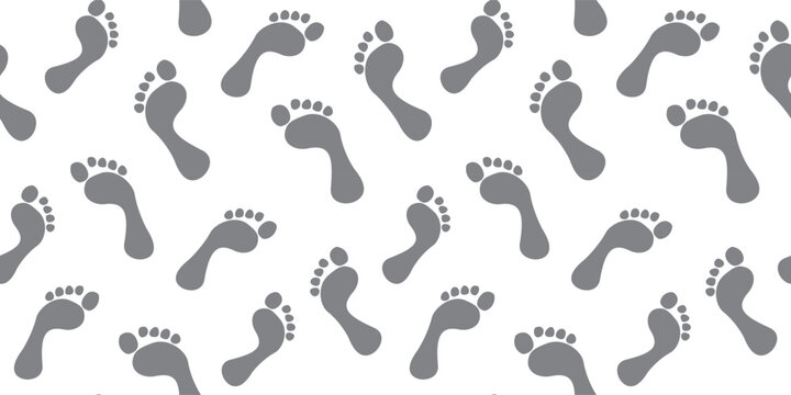 Seamless human footprints pattern with scattered steps in minimal gray style. Repeating foot track background for walking themes travel design textile prints and modern vector surface pattern.