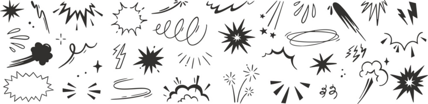 Comic explosion and motion effects set with hand drawn lines bursts and lightning shapes. Dynamic doodle elements for pop art posters comics branding and energetic vector design accents pack.