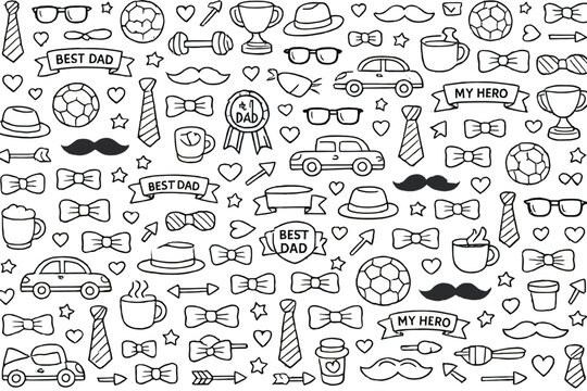 Fathers Day doodle pattern, black and white dad vector, best dad ever illustration, hand drawn seamless background, dad elements sketch, coloring page pattern, father day design, retro outline 