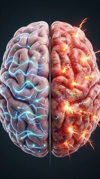 Healthy brain vs neuroinflammation medical illustration neuroscience concept showing split human brain with blue neural signal and red inflamed tissue, neuron neural nerve inflammation research dark
