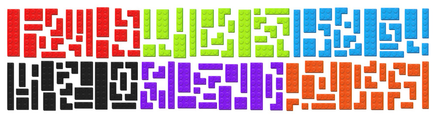 Realistic colored plastik constructor block parts isolated on transparent background. Red, green, blue, black, violet and orange parts. Play and build concept. Vector PNG © boxerx