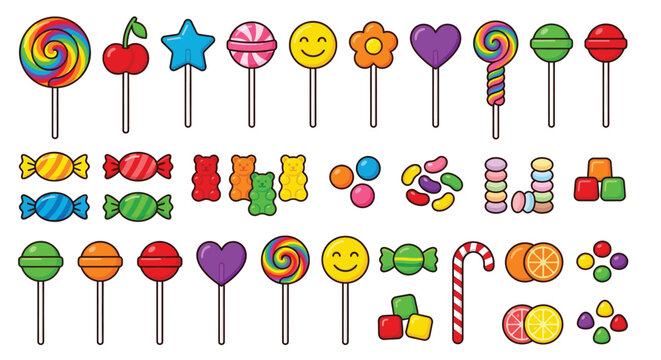 Colorful assortment of cartoon candies and sweets on a white background