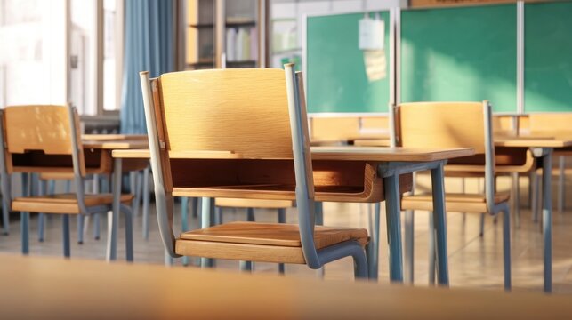 Empty Class Room with Desks and Chairs, Bright Natural Light, Educational Environment, Focus on Learning Space, Ideal for School Projects