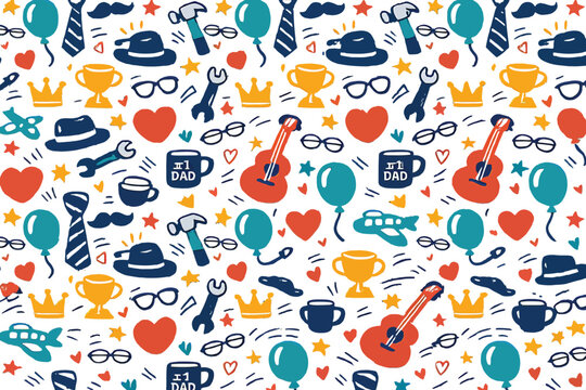 Fathers Day seamless pattern, best dad ever vector background, dad lifestyle elements design, tools guitar trophy icons, hand drawn festive pattern, greeting card wrapping paper textile print 