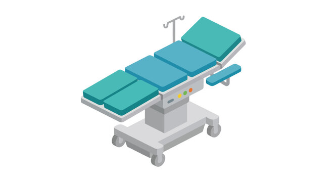 Isometric illustration of a teal hospital operating table on wheels