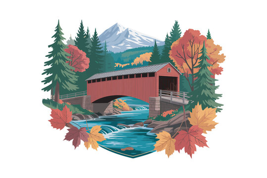 A vibrant autumn scene depicts a classic red covered bridge nestled amongst colorful trees and a snowy mountain on transparent background.