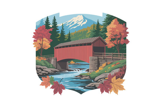 A vibrant autumn scene depicts a classic red covered bridge nestled amongst colorful trees and a snowy mountain on transparent background.