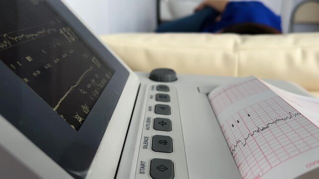 Close-up view of a cardiotocography machine's screen and printed results, monitoring fetal heart rate and uterine contractions while a pregnant woman rests during a prenatal examination