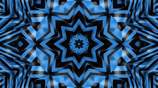 A mesmerizing abstract image showcases a symmetrical pattern of blue and black geometric shapes, creating a visually striking and intricate design.