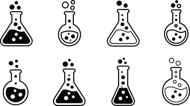 Science Chemistry Laboratory Flask Icons Featuring Bubbling Liquid In Black Vector Silhouette
