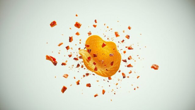 Crispy potato chip and bacon pieces burst against a soft pink backdrop, conveying savory flavor, satisfying crunch, motion and appetizing snack energy for food advertising and pac