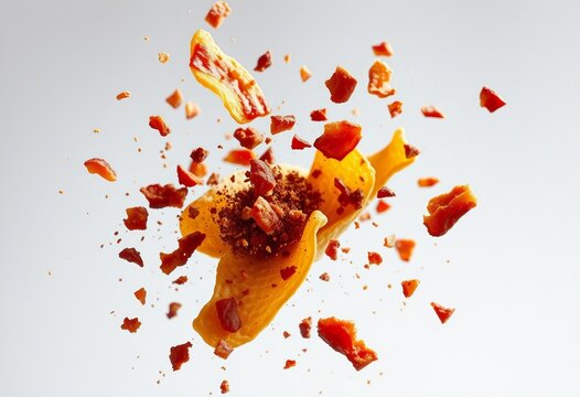Crispy potato chip and bacon pieces burst against a soft pink backdrop, conveying savory flavor, satisfying crunch, motion and appetizing snack energy for food advertising and pac