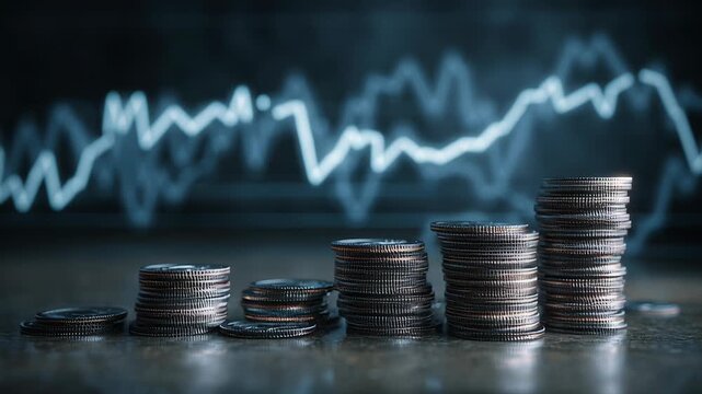 Stacks of coins on a table with a digital overlay of fluctuating financial graphs showing rising inflation and economic uncertainty, some graph lines trending downward to represent recession risks