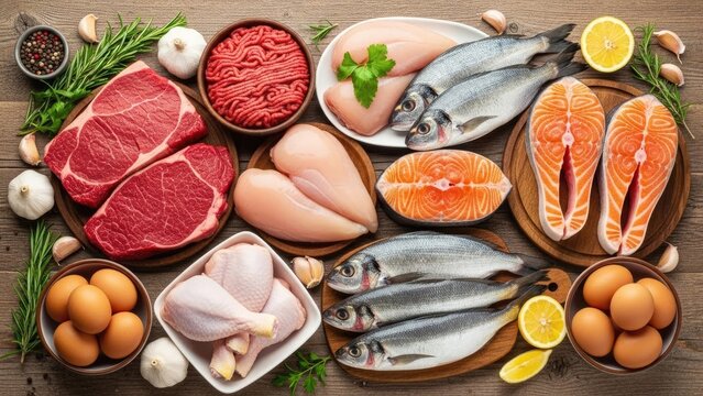 A variety of raw meats and fish on a wooden table