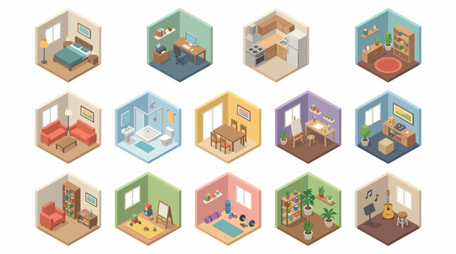 3D isometric icon set of various rooms in a house interior