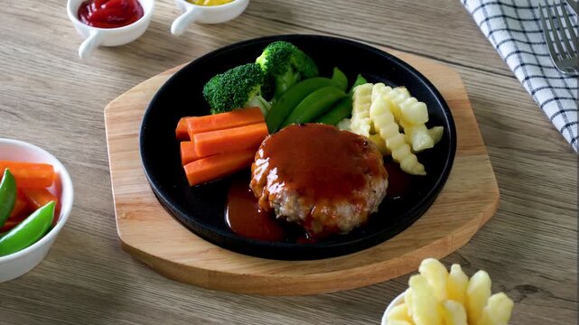 Hot Plate Hamburg Steak on a wooden table.