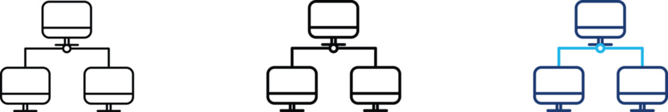 Network topology icon showing professional computer architecture and digital system infrastructure. Professional illustration for local area network, cloud computing setup, and server hierarchy.