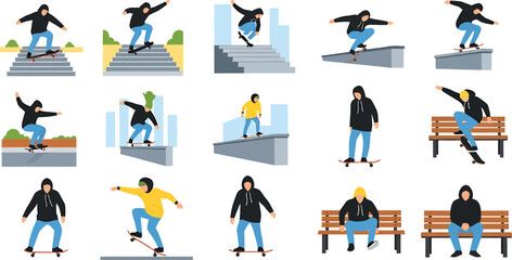 Fototapeta premium Skateboarder Performing Tricks Flat Design Vector Illustration Set Collection