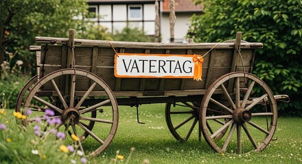Obraz premium Charming fathers day decoration vintage wagon with 'vatertag' sign in a garden