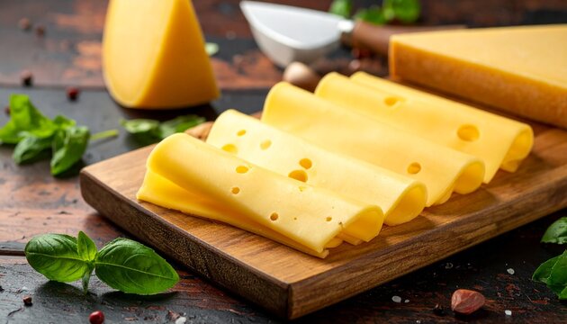 Deliciously arranged thin slices of yellow cheese, possibly Swiss or Emmental, featuring characteristic holes, presented on a rustic wooden cutting board alongside fresh green basil leaves 