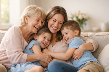 Obraz premium A happy multi-generational family sharing a warm group hug on the living room couch, grandmother, mother, and two children laughing together, showing affection, comfort, love, and strong family bonds.