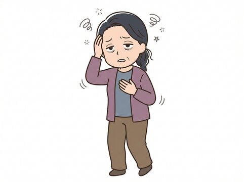 めまいと動悸に悩む中年女性のイラスト：激しい眩暈や立ちくらみを抱えるシニアの健康素材