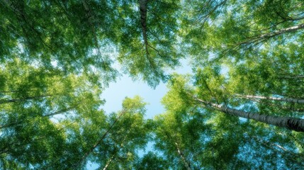 Fototapeta premium Low Angle View of Lush Tree Canopy with Bright Blue Sky and Sunlight Filtering Through Leaves