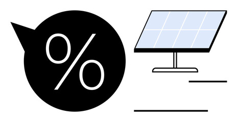 Renewable energy, green technology, cost efficiency, sustainability, solar savings, energy calculation. Flat design of a solar panel and percentage symbol. Renewable energy and green technology theme © robu_s