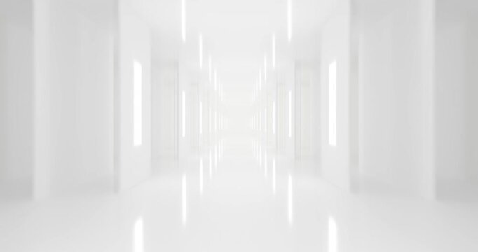 Futuristic white corridor with glowing lights and symmetry looping animation