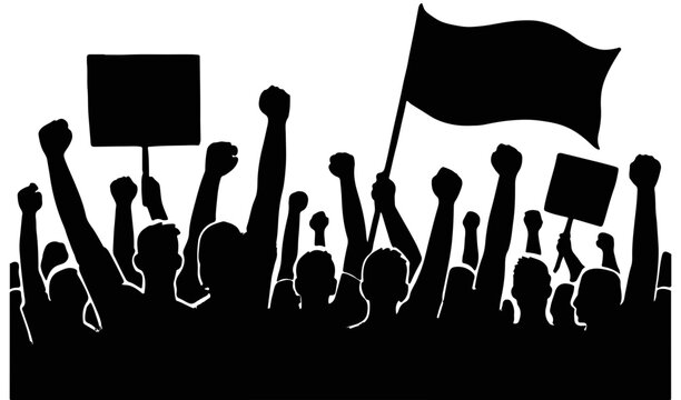 Protest crowd with fists raised and signs demonstration