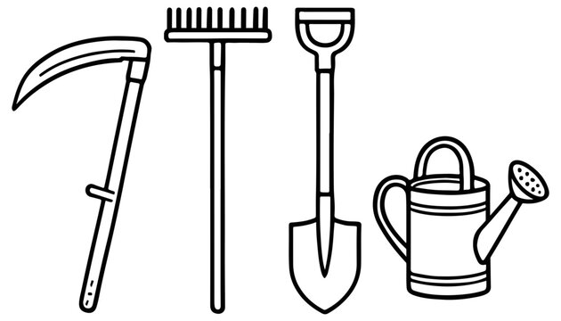 Gardening tools silhouette scythe rake shovel