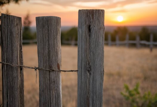 Old wooden fence on a farm at sunset