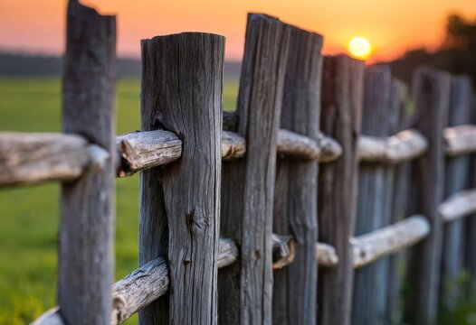 Old wooden fence on a farm at sunset