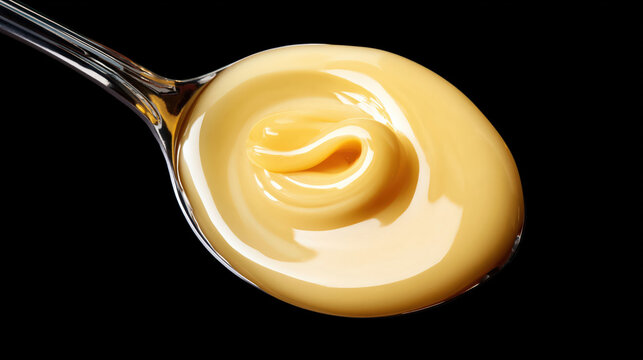 Top-down macro of creamy condensed milk or custard on silver tablespoon isolated on black background created with Generative AI Technology, ai, generative