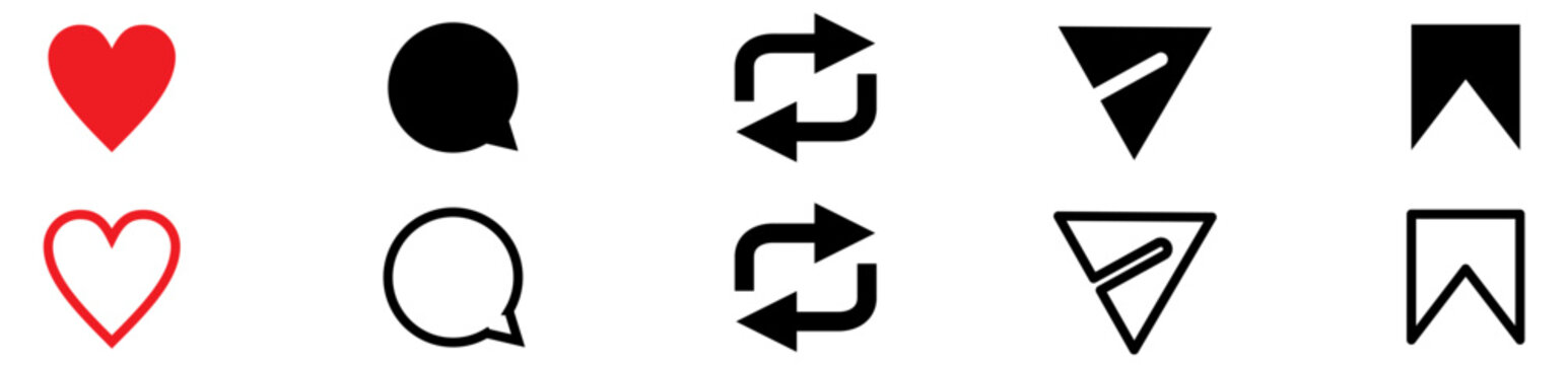 Social media interaction, notification icons including like, comment, repost, share and save icon symbol. Red like speech bubble icon, favorite heart.