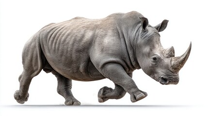 Obraz premium A powerful white rhinoceros running on a white background