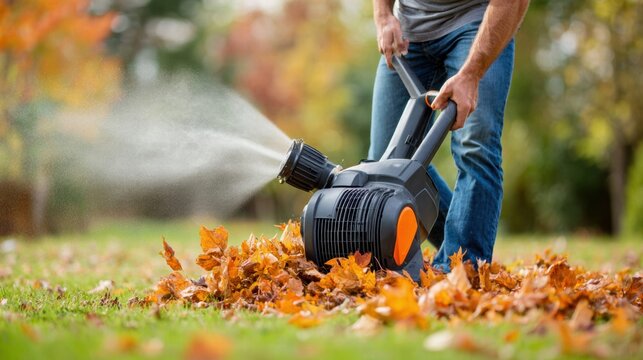 Man using a leaf blower to clear autumn leaves in a garden.