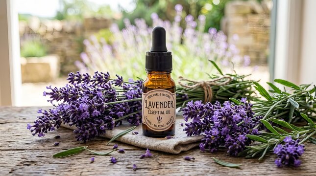 Lavender essential oil bottle with fresh purple flowers and green sprigs on rustic wood evoking a calming natural wellness mood