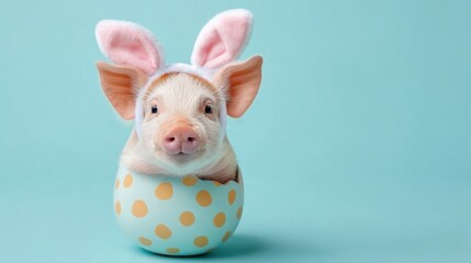 Fototapeta premium Adorable Baby Pig with Bunny Ears Peeking Out of a Colorful Egg Against a Soft Blue Background
