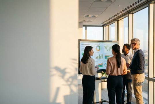 Business professionals discussing sustainability data during a corporate meeting
