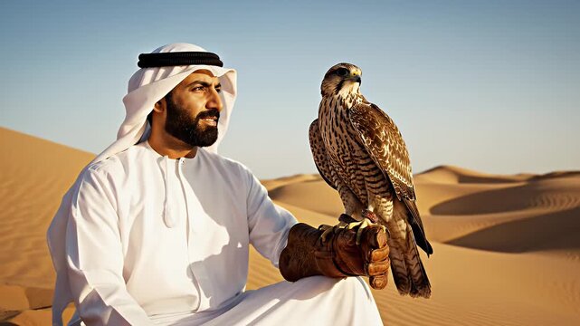 A traditional Arab man in white thobe holds a majestic falcon on his gloved hand while sitting in the desert